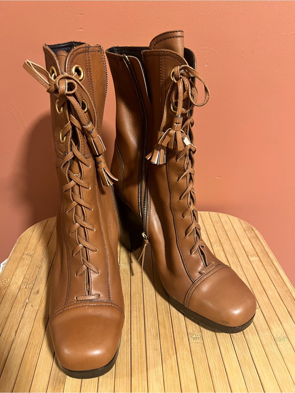 Miu Miu Cognac Lace-Up Mid-Calf Heeled Boots